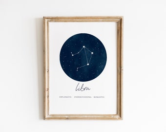 Libra Print, Star sign Print, Zodiac Wall Art, Constellation Decor, Minimal Home Decor, Astrology, Horoscope Traits