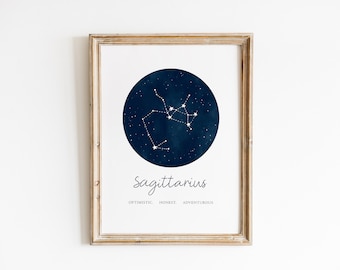 Sagittarius Print, Star sign Print, Zodiac Wall Art, Constellation Decor, Minimal Home Decor, Astrology, Horoscope Traits