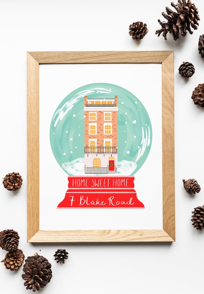 Home in a Snowglobe Portrait, House Portrait Print, Christmas gift, Custom house illustration, Personalised Christmas Present image 2