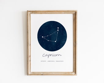 Capricorn Print, Star sign Print, Zodiac Wall Art, Constellation Decor, Minimal Home Decor, Astrology, Horoscope Traits