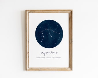 Aquarius Print, Star sign Print, Zodiac Wall Art, Constellation Decor, Minimal Home Decor, Astrology, Horoscope Traits