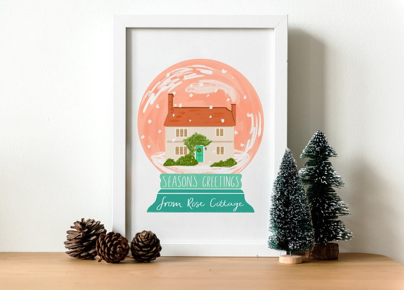 Home in a Snowglobe Portrait, House Portrait Print, Christmas gift, Custom house illustration, Personalised Christmas Present image 1