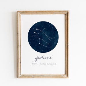 Zwillinge Druck, Sternzeichen Druck, Sternzeichen Wandkunst, Sternbild Dekor, Minimal Home Dekor, Astrologie, Horoskop Traits