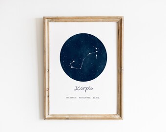 Scorpio Print, Star sign Print, Zodiac Wall Art, Constellation Decor, Minimal Home Decor, Astrology, Horoscope Traits