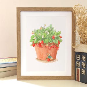 May include: A watercolour painting of a potted strawberry plant with a small mouse sitting beside it. The plant is full of ripe red strawberries and green leaves. The pot is terracotta.