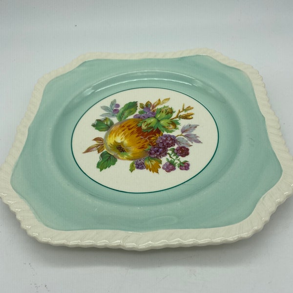 Beautiful 1930’s turquoise blue Johnson Bros plate fruit themed roped edging