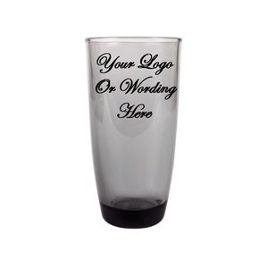 May include: A tall, clear glass with a gray tint and a black base. The glass has the text "Your Logo Or Wording Here" printed on it.
