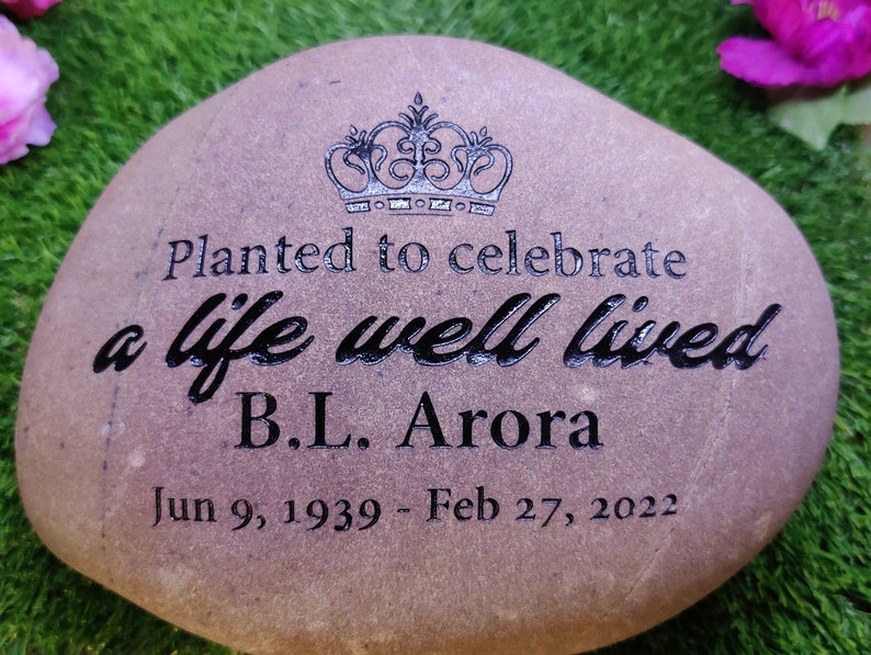 Planted to celebrate a life well lived Real Stone River Rocks Memorial Stones Memorial Marker Funeral Gift Outdoor Memorial Engraved Garden image 2