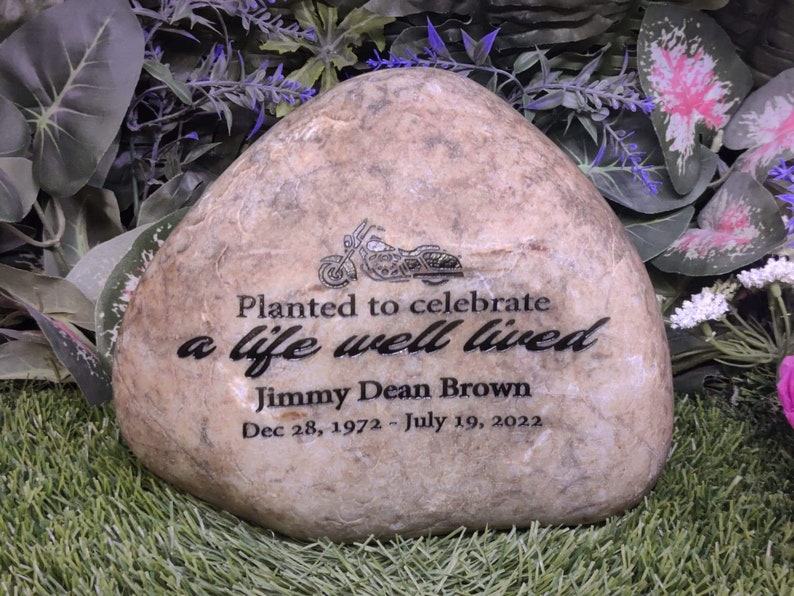 Planted to celebrate a life well lived Real Stone River Rocks Memorial Stones Memorial Marker Funeral Gift Outdoor Memorial Engraved Garden image 4