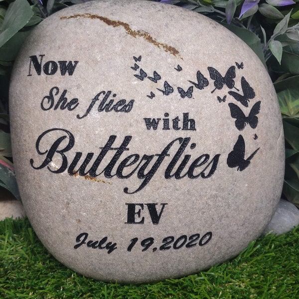 6in, 8in or 10in Now she flies with butterflies Name Stone Memorial Rock Etched Sandblaster Personalized Gift Memory Collectible