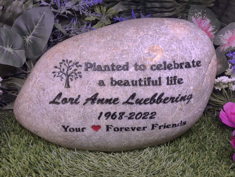 Planted to celebrate a life well lived Real Stone River Rocks Memorial Stones Memorial Marker Funeral Gift Outdoor Memorial Engraved Garden image 6