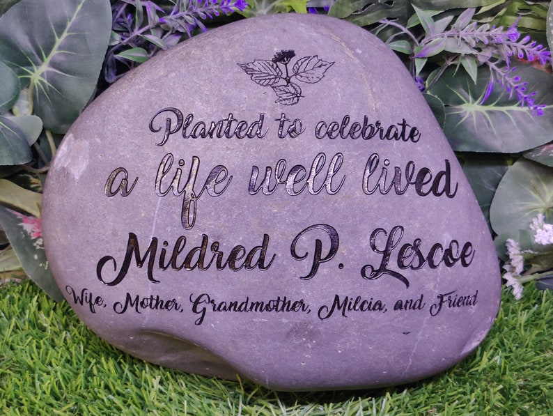 Planted to celebrate a life well lived Real Stone River Rocks Memorial Stones Memorial Marker Funeral Gift Outdoor Memorial Engraved Garden image 7