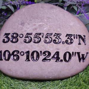 Puede incluir: Una piedra gris con letras negras, que muestra las coordenadas 38°55'53.3"N 106°10'24.0"W.