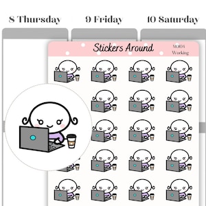Può includere: Un foglio di 20 adesivi con un personaggio dei cartoni animati che lavora su un laptop con una tazza di caffè. Gli adesivi sono rosa, bianchi e grigi. Il testo "Stickers Around" e "MOI04 Working" è in cima al foglio. Il testo "www.stickersaround.com" e "stickersaround" è in fondo al foglio.