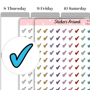 May include: A sheet of colourful check mark stickers. The stickers are arranged in rows and columns on a white background. The stickers are in various colours, including yellow, orange, red, pink, purple, blue, and green. The text "Stickers Around" and "SI 80121-R" is printed at the top of the sheet.