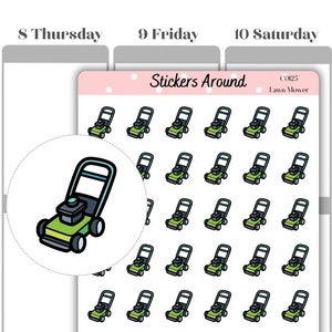 May include: A sheet of 36 lawn mower stickers. The stickers are green and black with a white background. The stickers are arranged in a grid pattern. The text "Stickers Around" and "CO125 Lawn Mower" is at the top of the sheet.