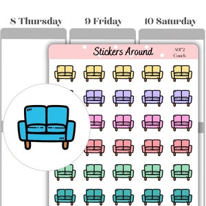 May include: A sticker sheet with multiple couch illustrations in shades of yellow, purple, pink, green, and blue. The sheet is labelled "Stickers Around" and includes a website address and social media handles.