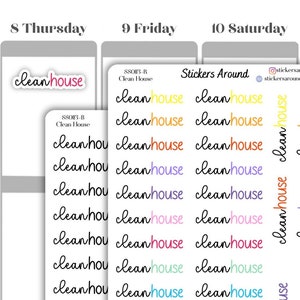 Puede incluir: Una hoja de pegatinas con el texto "clean house" repetido en varios colores, incluyendo amarillo, naranja, rojo, morado, rosa, azul y verde. Las pegatinas están dispuestas en una cuadrícula y están diseñadas para su uso en una agenda o diario.