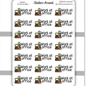Op de afbeelding: Vel plannerstickers met de tekst "Work at office" en een kleine illustratie van een persoon die aan een bureau werkt. De stickers zijn in een rasterpatroon geplaatst en zijn bedoeld voor gebruik in een planner of kalender.