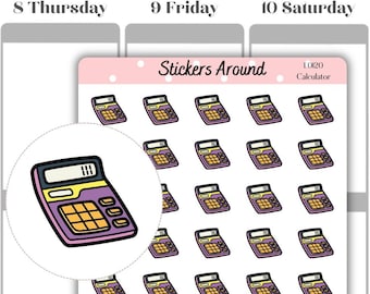 May include: Sheet of planner stickers featuring a repeating pattern of calculator illustrations. Each calculator is purple with yellow buttons and a black display. The sheet includes the text "Stickers Around" and "Calculator".