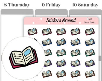 May include: A sheet of stickers featuring colourful open book illustrations. The stickers are arranged in a grid pattern and are perfect for adding a touch of whimsy to planners, journals, and other paper goods. The sheet includes the text "Stickers Around" and "Open Book".