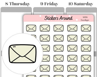Può includere: Un foglio di adesivi con 49 icone di buste bianche su sfondo rosa. Il testo "Stickers Around" è in alto sul foglio. Il testo "AO156 Envelope" è in alto a destra. Il testo "www.stickersaround.com" è in basso a sinistra. Il testo "stickersaround" è in basso a destra.