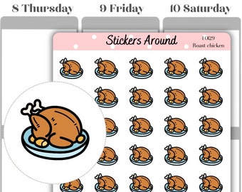 May include: A sheet of 36 stickers featuring a cartoon illustration of a roasted chicken on a plate. The stickers are on a pink background with white polka dots. The text "Stickers Around" and "Roast chicken" are printed on the sheet.