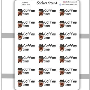 Peut inclure: Une feuille de 18 autocollants représentant une tasse de café brune avec un couvercle blanc et le texte "Coffee time". Les autocollants sont disposés en grille de 3 rangées et 6 colonnes. Les autocollants sont sur un fond blanc.