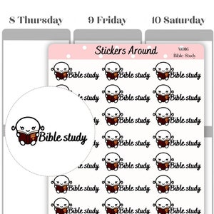 Puede incluir: Una hoja de pegatinas con un personaje de dibujos animados leyendo un libro con el texto "Bible study". Las pegatinas están sobre un fondo rosa con el texto "Stickers Around" y "MOIG Bible Study".