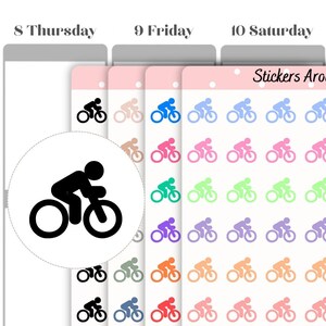 May include: A sheet of colorful stickers featuring a cyclist riding a bicycle. The stickers are arranged in rows and columns on a white background. The text "Stickers Around" and "S0104-P Cycling" is printed at the top of the sheet.