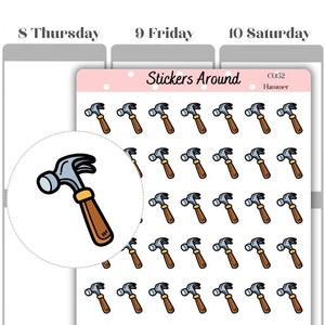 May include: A sheet of stickers featuring a cartoon hammer design. The sheet is pink and white with the text "Stickers Around" and "CO52 Hammer".