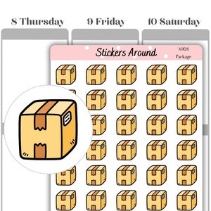 Op de afbeelding: Een vel plannerstickers met cartoon dozen met bruine tape. De stickers staan in een rasterpatroon, met een grotere, omcirkelde doos aan de linkerkant. De tekst "Stickers Around" staat bovenaan het vel.