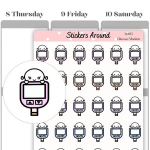 May include: A sheet of 30 stickers featuring a cartoon illustration of a glucose monitor with a cute ghost character. The stickers are in various colors, including pink, purple, blue, and gray. The text "Stickers Around" and "M035 Glucose Monitor" is printed at the top of the sheet.