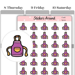 Könnte beinhalten: Eine Bogen mit Aufklebern, die 36 lila und gelbe Schürzen mit einer Tasche zeigen. Die Aufkleber sind in einem Raster angeordnet und von einem rosa Rand umgeben. Der Text "Stickers Around" und "C0136 Apron" ist oben auf dem Bogen gedruckt.