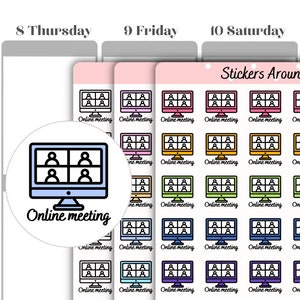 May include: A sheet of colourful stickers featuring an illustration of a computer screen displaying four people in a video call. The text "Online meeting" is written beneath the image. The stickers are arranged in a grid pattern and are labelled "Stickers Around".