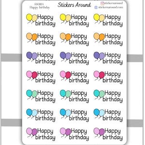 Happy Birthday Script Planer Sticker, Geburtstags Ballon Sticker, Kalender Sticker und Bullet Journal Sticker