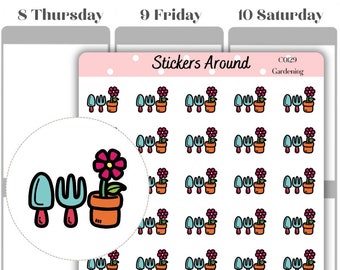 May include: A sheet of stickers featuring a gardening theme. The stickers are colorful and feature a variety of gardening tools, plants, and flowers. The stickers are perfect for adding a touch of whimsy to your planner, journal, or laptop.