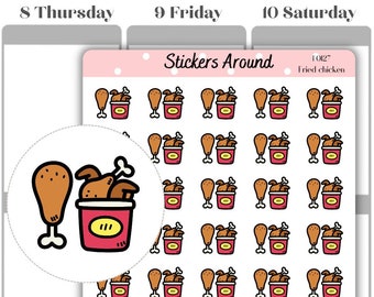 May include: A sheet of 36 stickers featuring a cartoon illustration of a bucket of fried chicken and a drumstick. The stickers are on a pink background with the text "Stickers Around" and "10127 Fried chicken" in black text. The bottom of the sheet has the website "www.stickersaround.com" and the Instagram handle "stickersaround" in black text.