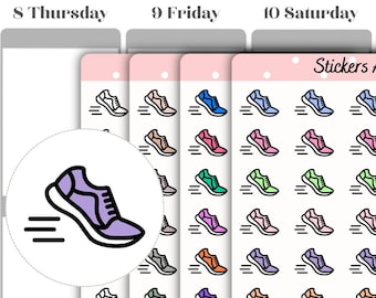 Op de afbeelding: Een vel met kleurrijke stickers met verschillende hardloopschoenen in verschillende kleuren. De stickers zijn gerangschikt in rijen en kolommen op een witte achtergrond. De tekst "Stickers Around" staat bovenaan het vel gedrukt. De tekst "Running shoes" staat rechtsboven op het vel gedrukt.