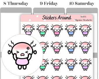 Adesivo per pianificare il mal di testa, adesivo per l'emicrania, personaggio scarabocchiato, monitoraggio del dolore, monitoraggio del mal di testa, monitoraggio dell'emicrania, calendario e bullet journal