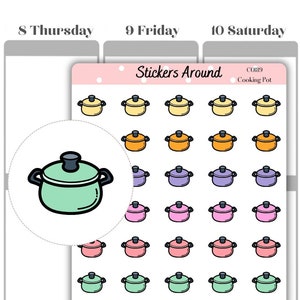 Puede incluir: Una hoja de pegatinas con una variedad de ollas de cocina de colores. Las pegatinas están dispuestas en una cuadrícula y son perfectas para añadir un toque de fantasía a tu agenda o diario.