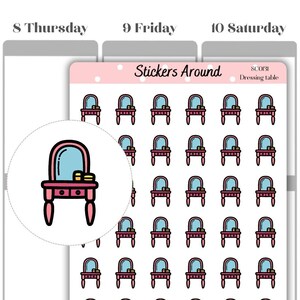May include: A sheet of 36 stickers featuring a pink dressing table with a mirror and drawers. The stickers are on a white background with the text "Stickers Around" and "SCOP Dressing Table" at the top.