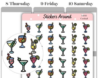May include: A sheet of stickers featuring various colorful cocktail illustrations. The stickers are arranged in rows and columns on a white background. The sheet is labeled "Stickers Around" and "1040 Cocktail".
