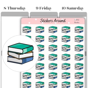May include: A sheet of stickers featuring a stack of books with a teal cover, blue spines, and yellow pages. The stickers are on a pink background with white polka dots. The text "Stickers Around" is at the top of the sheet, and the text "E0102 Books" is in the top right corner. The bottom of the sheet has the text "www.stickersaround.com" and an Instagram icon with the text "stickersaround".