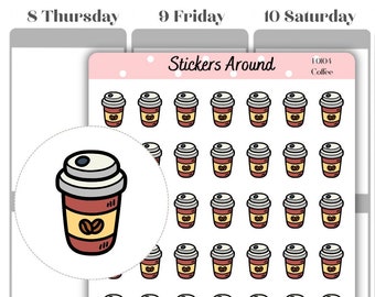 Peut inclure: Une feuille de 36 autocollants représentant un dessin animé d'une tasse de café. Les autocollants sont disposés en grille et imprimés sur du papier blanc. Le texte "Stickers Around" et "F0104 Coffee" est imprimé en haut de la feuille.