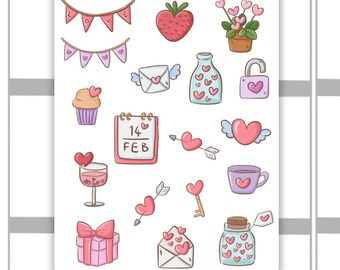 Cartela de adesivos decorativos para o Dia dos Namorados, ideal para Bullet Journal, adesivos para anotações e diários.