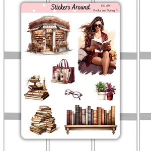 Bücher und Frühling Dekoratives Sticker Blatt #3 | Planner Aufkleber, Bullet Journal, Journaling Aufkleber, Scrapbooking