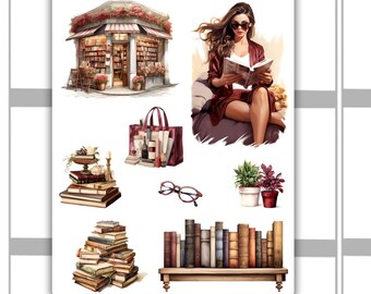 May include: A set of stickers featuring a woman reading a book in a red robe, a bookstore, a stack of books, a bookshelf, a bag, glasses, and a potted plant. The stickers are part of a collection called "Books and Spring 3" by Stickers Around.