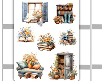 May include: A sticker sheet featuring watercolor illustrations of books, flowers, and furniture. The sheet includes images of a window, a bookshelf, a sofa, and a door, all decorated with flowers. The text "Stickers Around" and "Books and Spring 2" are visible.