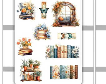 May include: A sheet of stickers featuring a spring theme with books, butterflies, and flowers. The stickers are on a white background with a pink border. The text "Stickers Around" and "D8037 Books and Spring" is printed on the sheet.